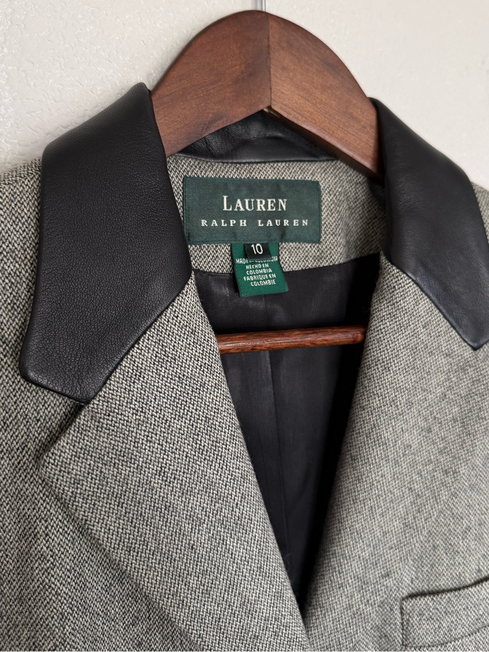 🍂 RARE Vintage 90s Lauren Ralph Lauren Tweed Wool Long Blazer Leather Collar